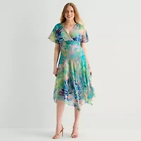 Rabbit Design Womens Midi V Neck Short Sleeve Flutter Abstract Fit + Flare Dress