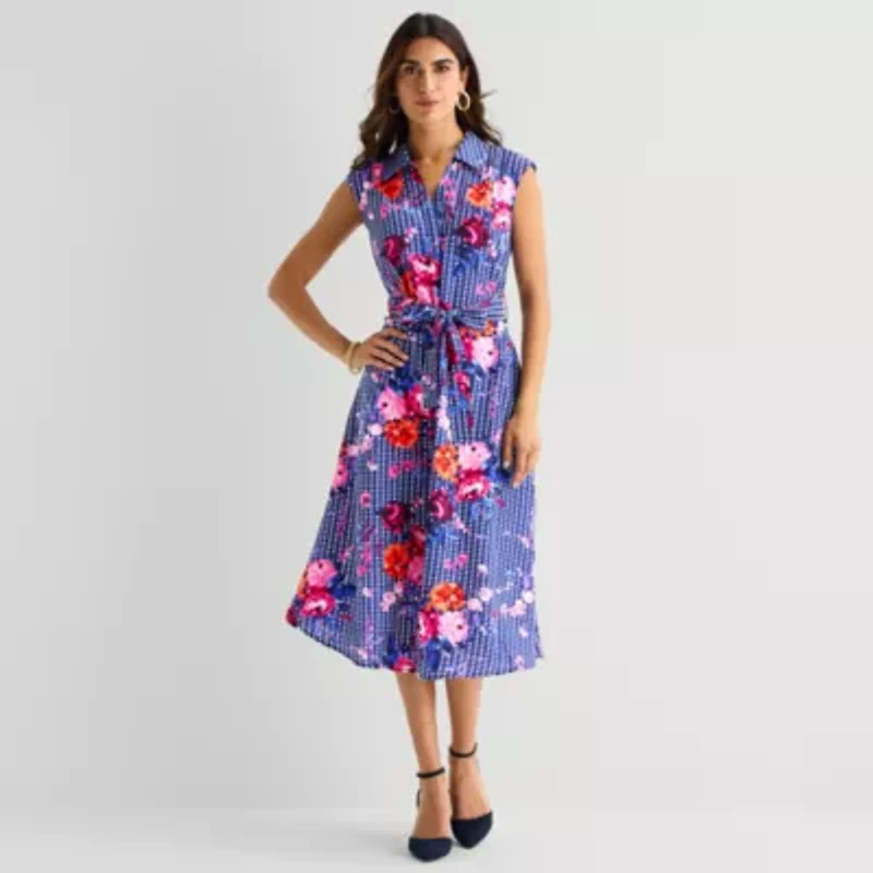 Rabbit Design Womens Midi Sleeveless Floral Fit + Flare Dress