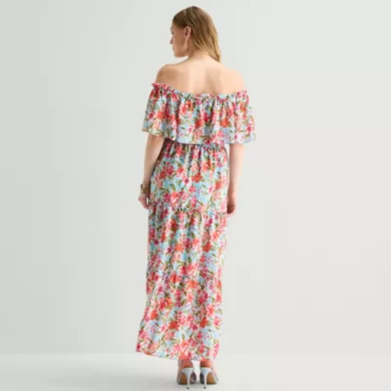 Rabbit Design Womens Midi Straight Neck Short Sleeve Off the Shoulder Floral Fit + Flare Dress