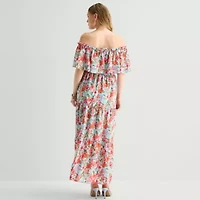 Rabbit Design Womens Midi Straight Neck Short Sleeve Off the Shoulder Floral Fit + Flare Dress