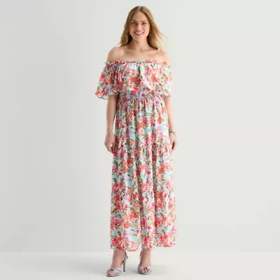 Rabbit Design Womens Midi Straight Neck Short Sleeve Off the Shoulder Floral Fit + Flare Dress