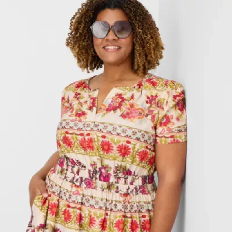 Be by CHETTA B Womens Plus Round Neck Short Sleeve Fitted Floral Fit + Flare Dress