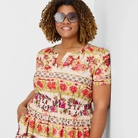 Be by CHETTA B Womens Plus Round Neck Short Sleeve Fitted Floral Fit + Flare Dress
