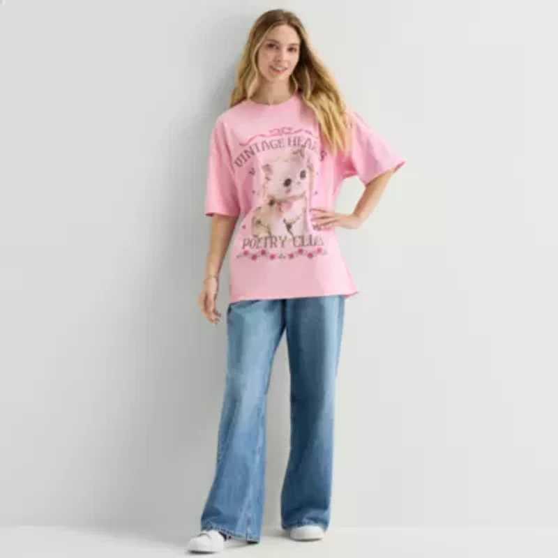 Arizona Womens Juniors Crew Neck Short Sleeve Oversized Graphic T-Shirt