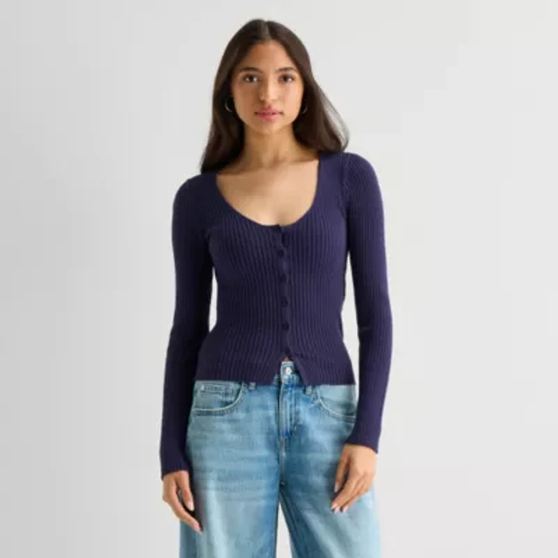 Arizona Womens Juniors Long Sleeve Button Cardigan