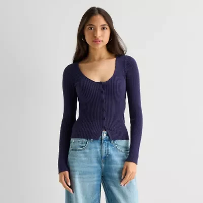 Arizona Womens Juniors Long Sleeve Button Cardigan