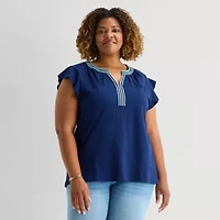 St. John's Bay Womens Plus Split Crew Neck Short Sleeve Blouse