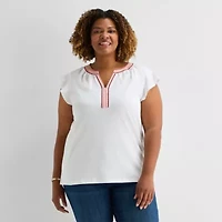 St. John's Bay Womens Plus Split Crew Neck Short Sleeve Blouse