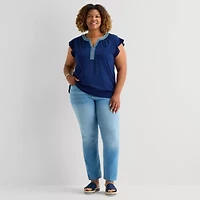 St. John's Bay Womens Plus Split Crew Neck Short Sleeve Blouse