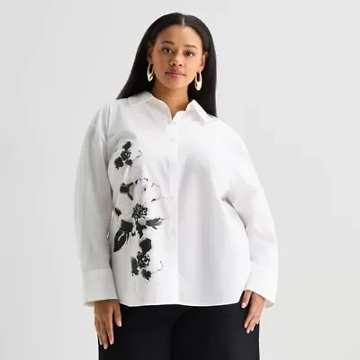 Worthington Plus Womens Embellished Button Front Shirt