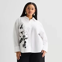 Worthington Plus Womens Embellished Button Front Shirt