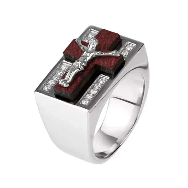 Mens Cubic Zirconia Stainless Steel & Wood Crucifix Ring
