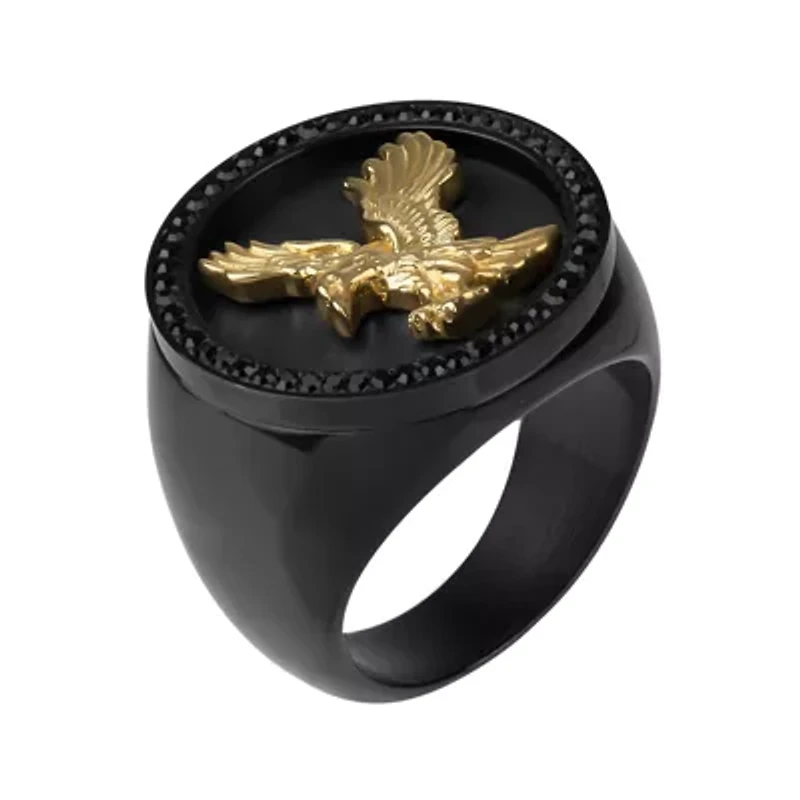 Mens Crystal Stainless Steel & Black IP Eagle Signet Ring