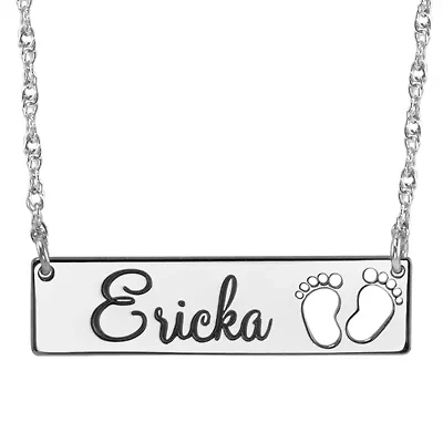 Personalized Baby Name and Footprint Bar Pendant Necklace