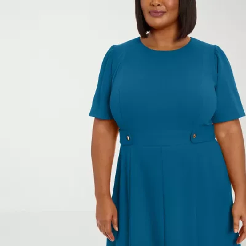 London Times Womens Short Sleeve Midi Fit + Flare Dress Plus