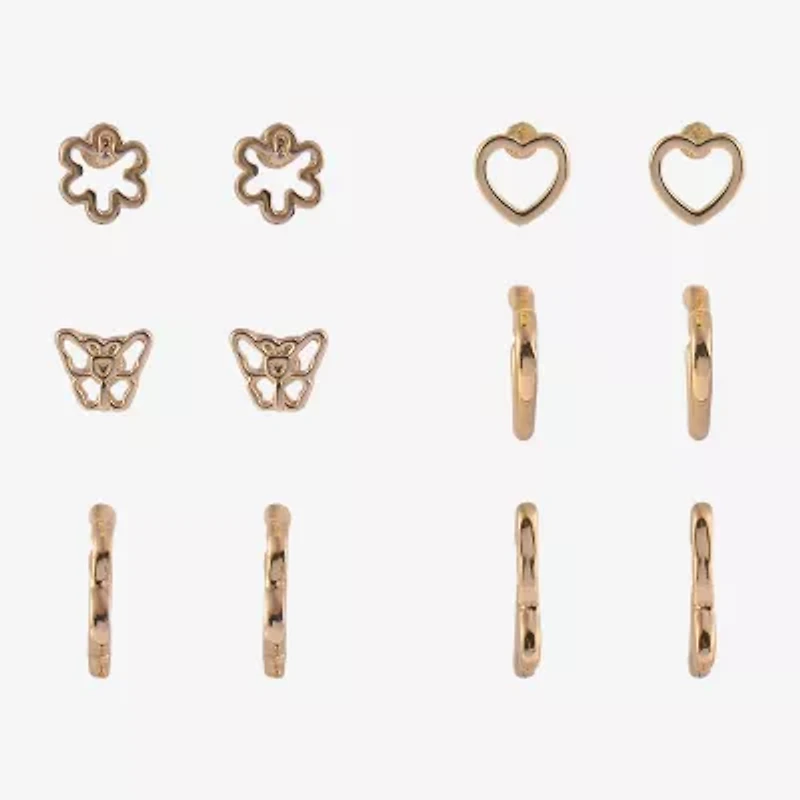 Arizona Gold Tone Womens Butterfly Flower Heart 6 Pair Earring Set