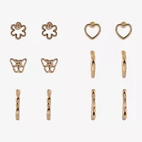 Arizona Gold Tone Womens Butterfly Flower Heart 6 Pair Earring Set
