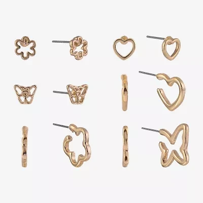 Arizona Gold Tone Womens Butterfly Flower Heart 6 Pair Earring Set