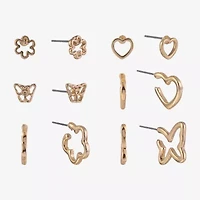 Arizona Gold Tone Womens Butterfly Flower Heart 6 Pair Earring Set
