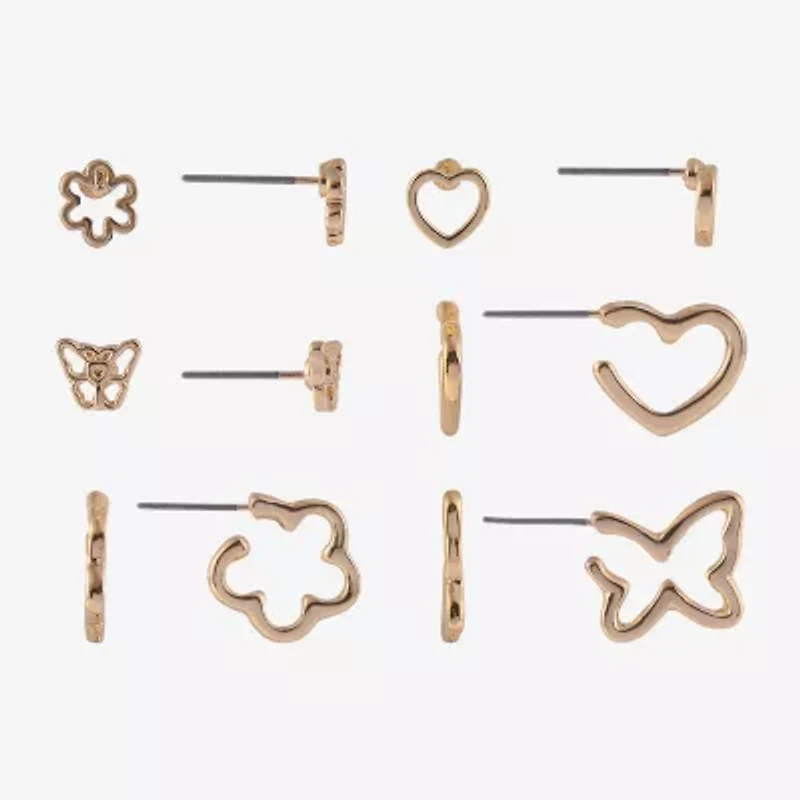 Arizona Gold Tone Womens Butterfly Flower Heart 6 Pair Earring Set