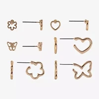 Arizona Gold Tone Womens Butterfly Flower Heart 6 Pair Earring Set