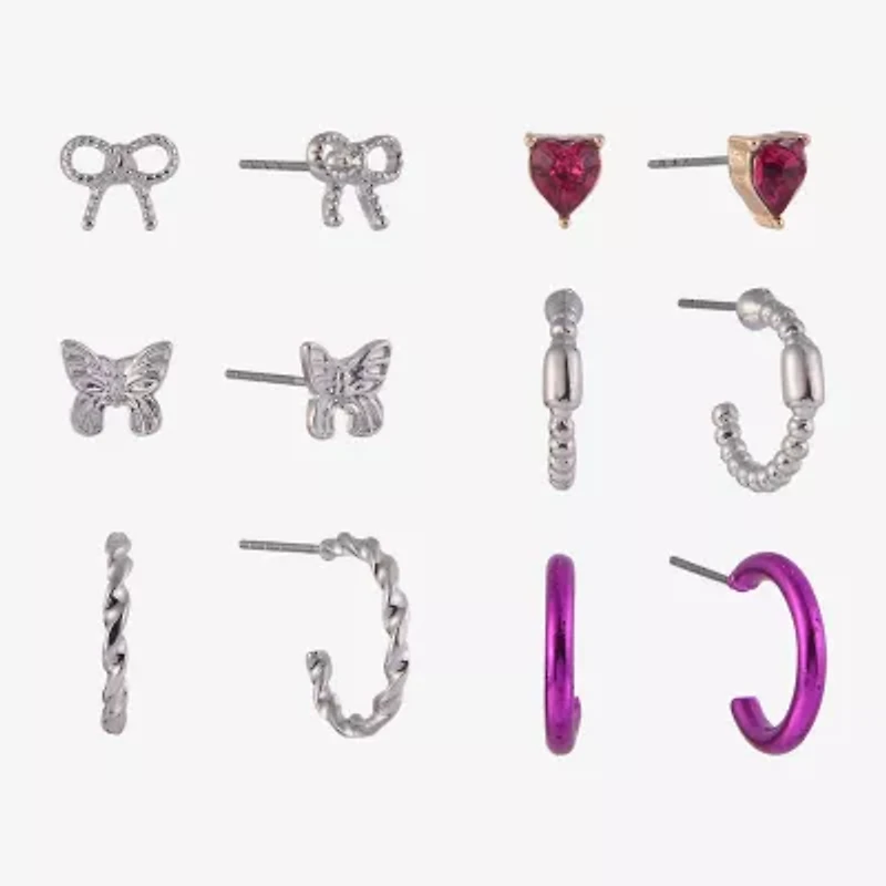 Arizona Silver Tone & Pink Womens Bow Butterfly Heart 6 Pair Earring Set