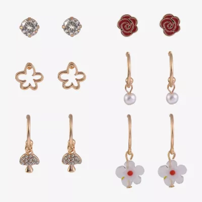 Arizona Gold Tone Rose Mushroom Womens Glass Flower 6 Pair Earring Set