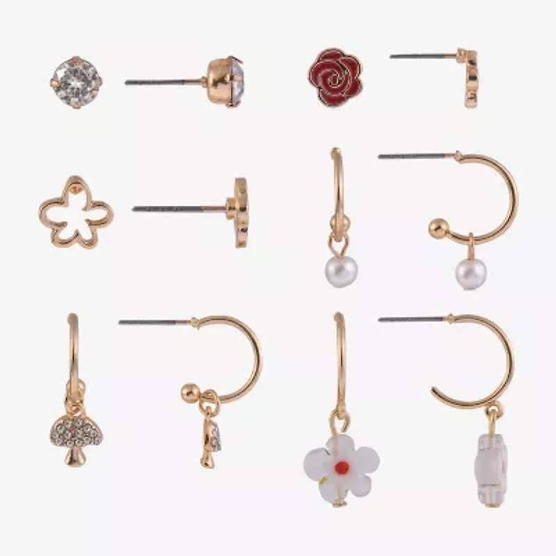 Arizona Gold Tone Rose Mushroom Womens Glass Flower 6 Pair Earring Set