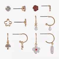 Arizona Gold Tone Rose Mushroom Womens Glass Flower 6 Pair Earring Set