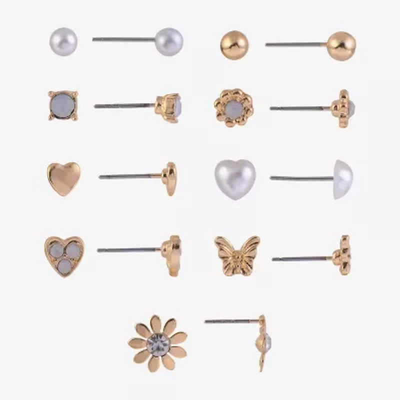 Arizona Gold Tone Daisy Womens Glass Butterfly Flower Heart 9 Pair Earring Set