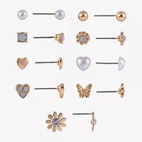 Arizona Gold Tone Daisy Womens Glass Butterfly Flower Heart 9 Pair Earring Set