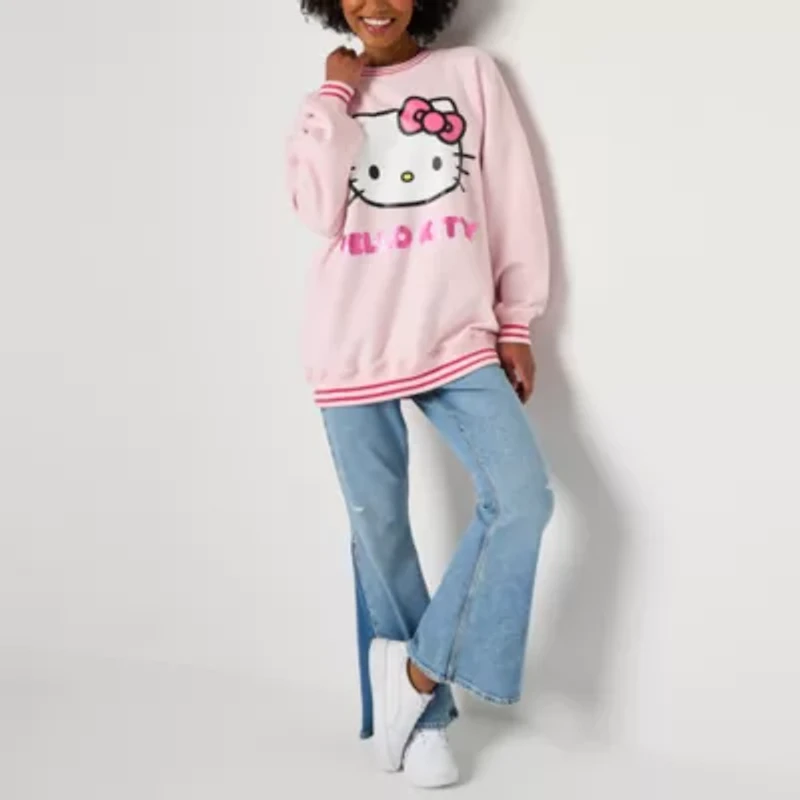 Womens Crew Neck Long Sleeve Embroidered Hello Kitty Juniors Sweatshirt