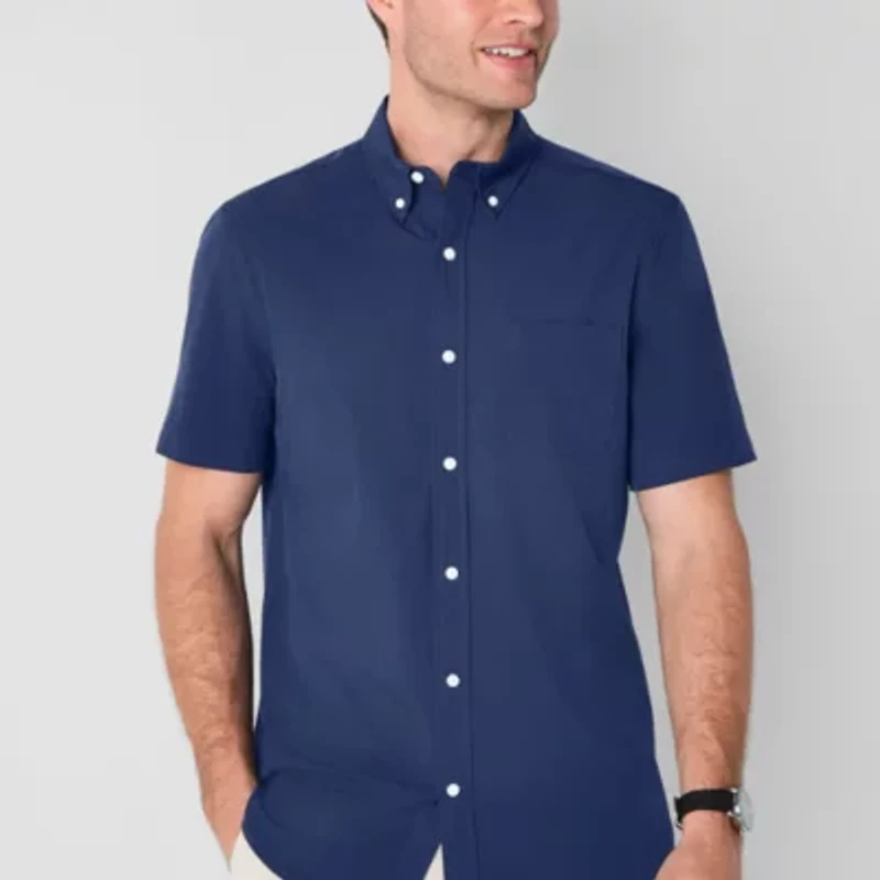 St. John's Bay Performance Mens Short Sleeve Slim Fit Stretch Fabric Button-Down Shirt