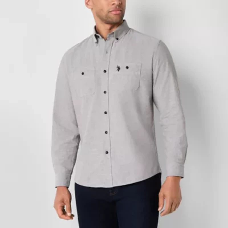 U.S. Polo Assn. Solid Canvas Slub Mens Y Neck Long Sleeve Classic Fit Embroidered Button-Down Shirt