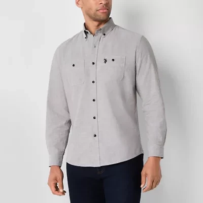 U.S. Polo Assn. Solid Canvas Slub Mens Y Neck Long Sleeve Classic Fit Embroidered Button-Down Shirt