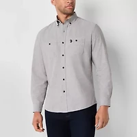 U.S. Polo Assn. Solid Canvas Slub Mens Y Neck Long Sleeve Classic Fit Embroidered Button-Down Shirt