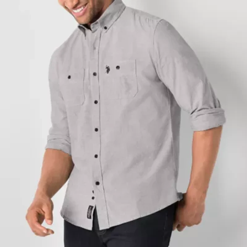 U.S. Polo Assn. Solid Canvas Slub Mens Y Neck Long Sleeve Classic Fit Embroidered Button-Down Shirt