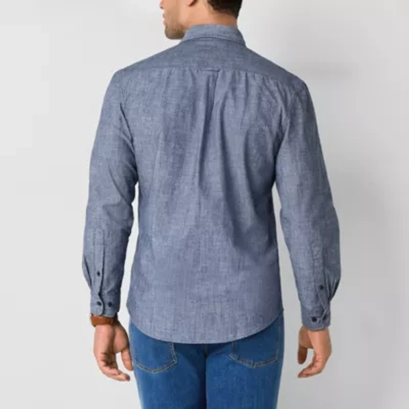 U.S. Polo Assn. Solid Canvas Slub Mens Y Neck Long Sleeve Classic Fit Embroidered Button-Down Shirt