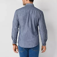 U.S. Polo Assn. Solid Canvas Slub Mens Y Neck Long Sleeve Classic Fit Embroidered Button-Down Shirt