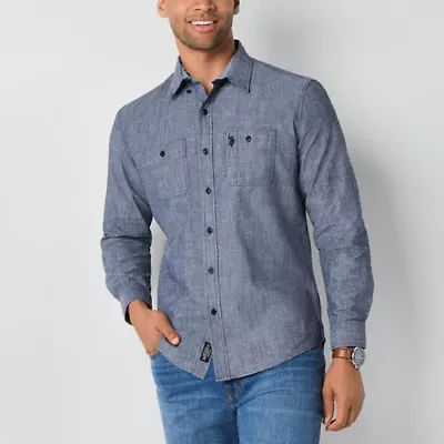U.S. Polo Assn. Solid Canvas Slub Mens Y Neck Long Sleeve Classic Fit Embroidered Button-Down Shirt