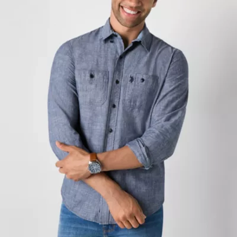 U.S. Polo Assn. Solid Canvas Slub Mens Y Neck Long Sleeve Classic Fit Embroidered Button-Down Shirt