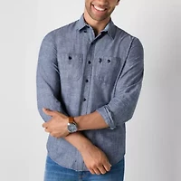 U.S. Polo Assn. Solid Canvas Slub Mens Y Neck Long Sleeve Classic Fit Embroidered Button-Down Shirt