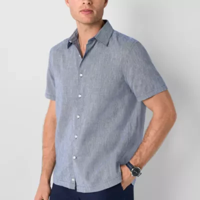 Stafford Linen Blend Mens Short Sleeve Regular Fit Button-Down Shirt