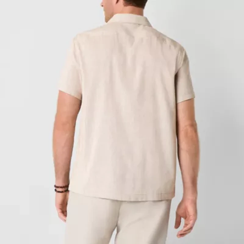 Stafford Linen Blend Mens Short Sleeve Regular Fit Button-Down Shirt