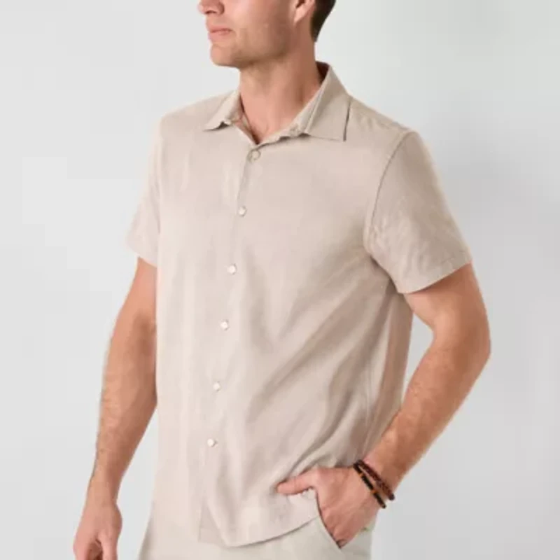 Stafford Linen Blend Mens Short Sleeve Regular Fit Button-Down Shirt