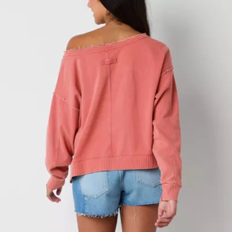 Arizona Off The Shoulder Womens Juniors Crew Neck Long Sleeve Sweatshirt