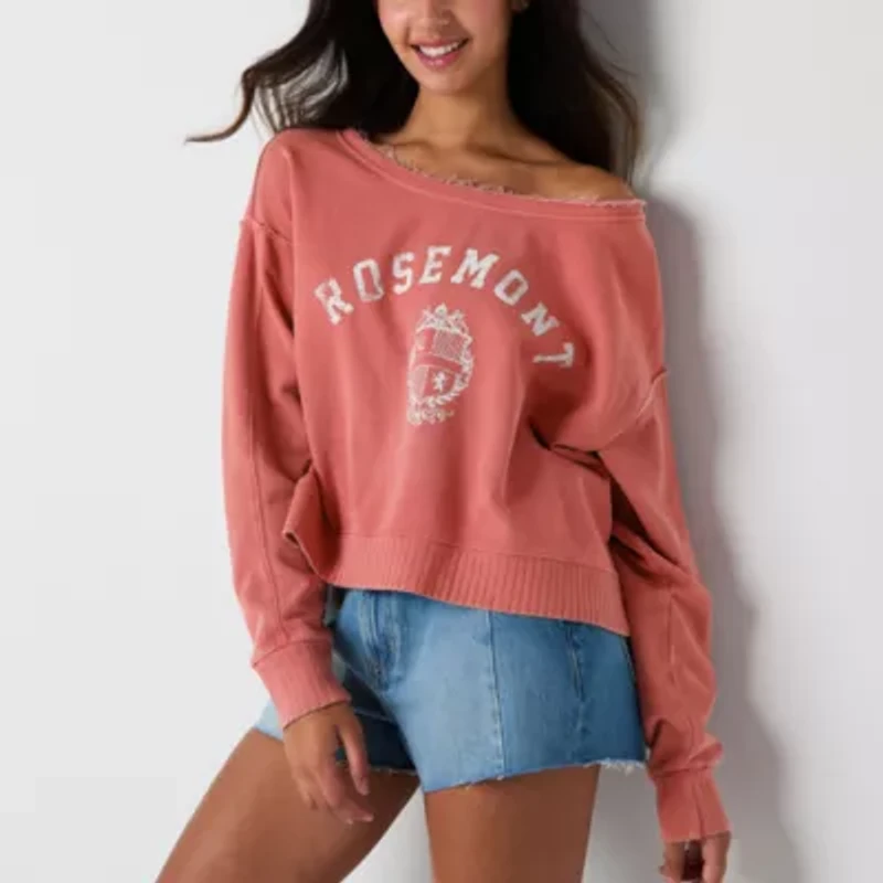 Arizona Off The Shoulder Womens Juniors Crew Neck Long Sleeve Sweatshirt
