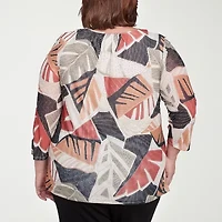 Alfred Dunner Natural Instinct Womens Crew Neck 3/4 Sleeve Stretch Fabric Plus T-Shirt