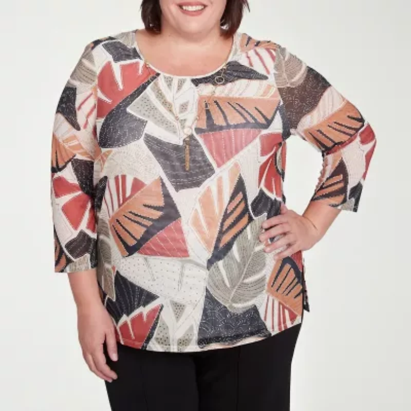 Alfred Dunner Natural Instinct Womens Crew Neck 3/4 Sleeve Stretch Fabric Plus T-Shirt
