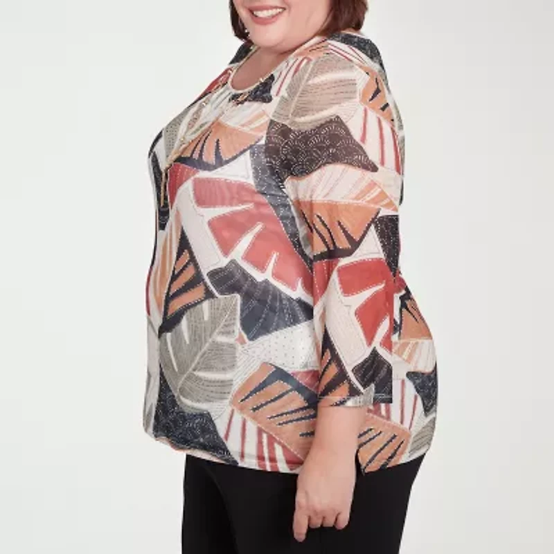 Alfred Dunner Natural Instinct Womens Crew Neck 3/4 Sleeve Stretch Fabric Plus T-Shirt